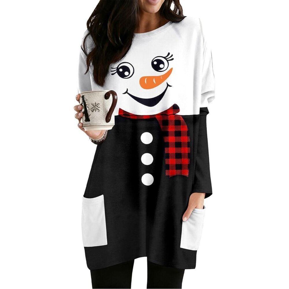 Women Christmas Long Sleeve Top with Pockets Cute Snowman Print Plus Size